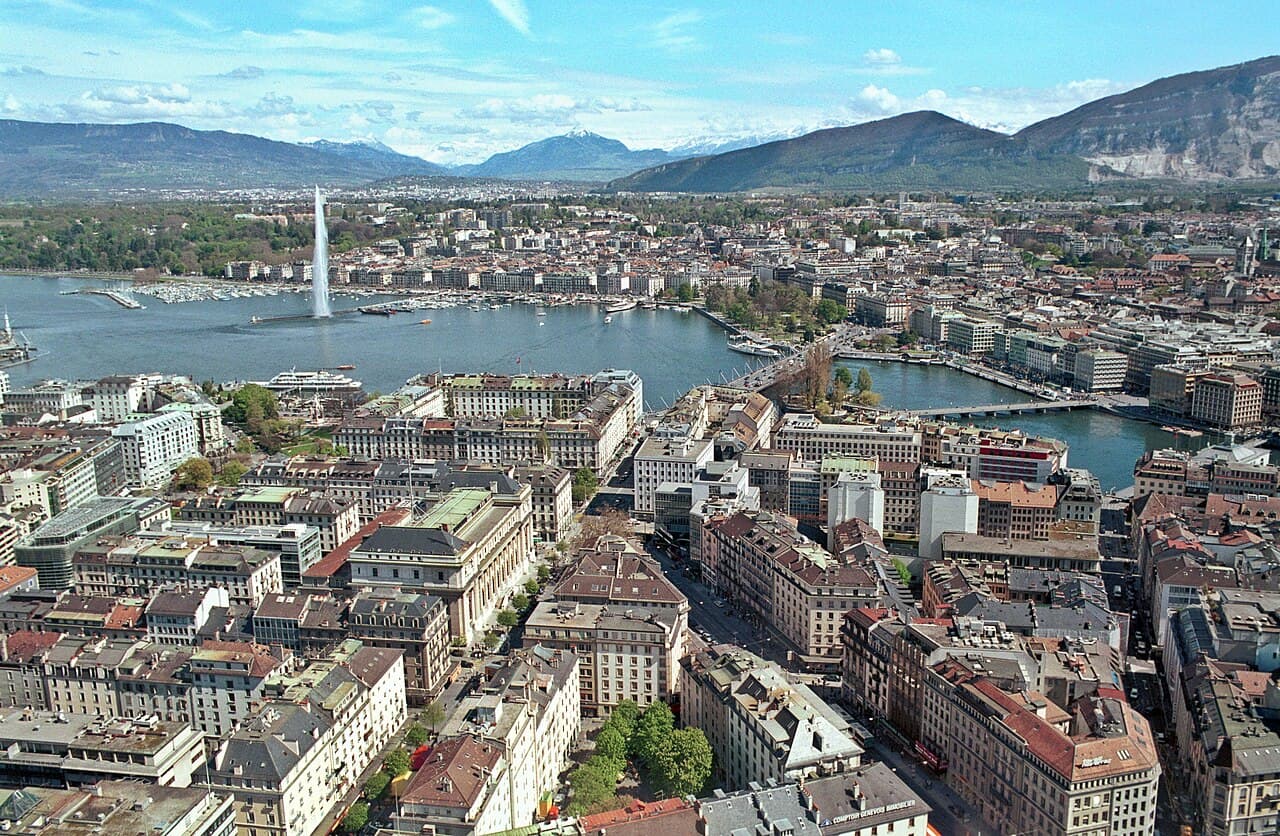 View of Geneva, Switzerland, with the Jet d'Eau fountain and Lake Geneva